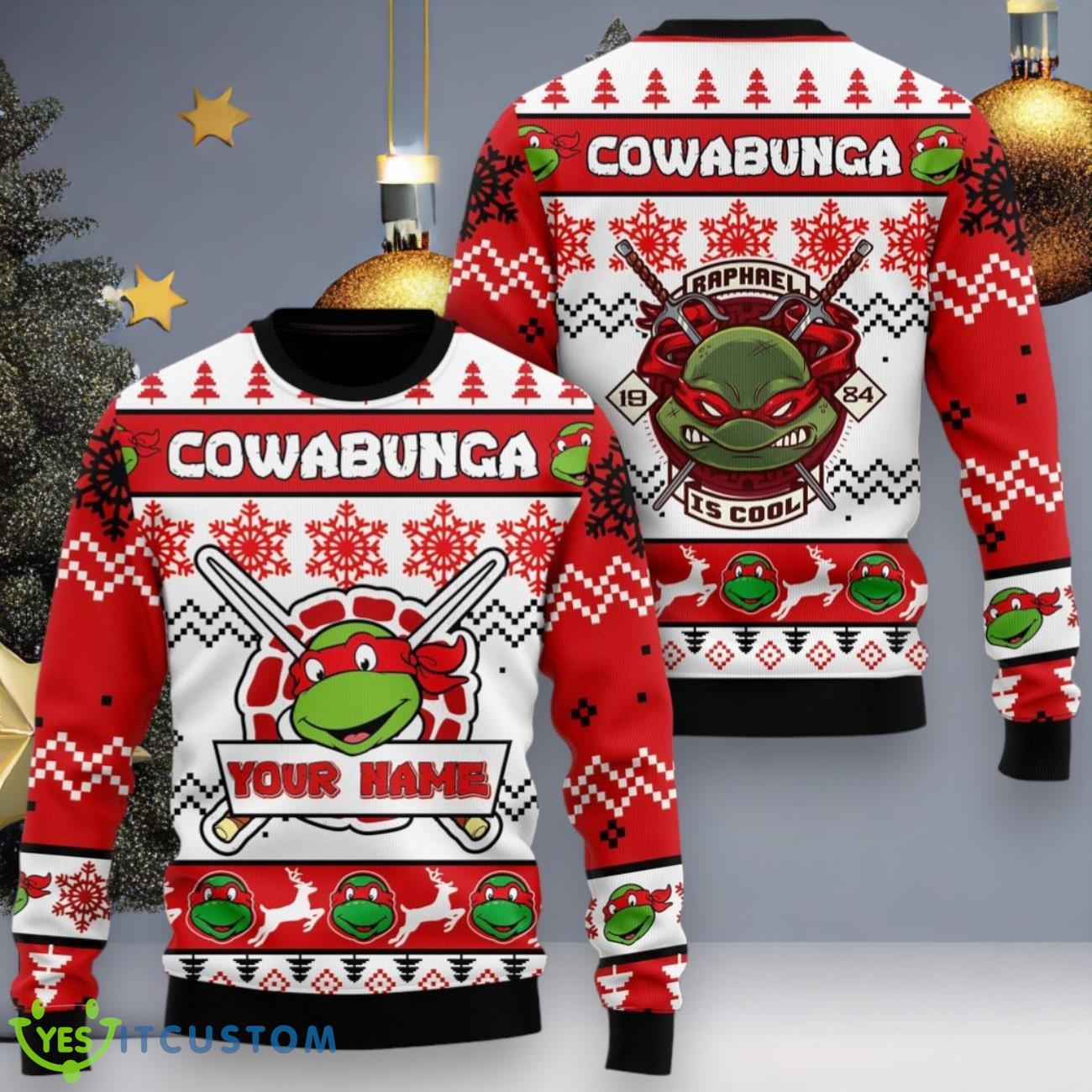 Custom Name Cowabunga Raphael Is Cool Ugly Sweater Christmas 3 Custom Name Cowabunga Raphael Is Cool Ugly Sweater Christmas Product Photo 1