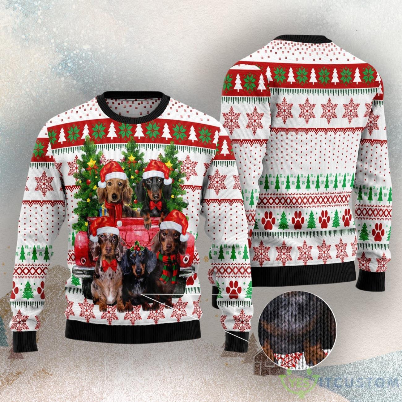 Dachshund Red Truck Ugly Christmas Sweater 3 Dachshund Red Truck Ugly Christmas Sweater Product Photo 1