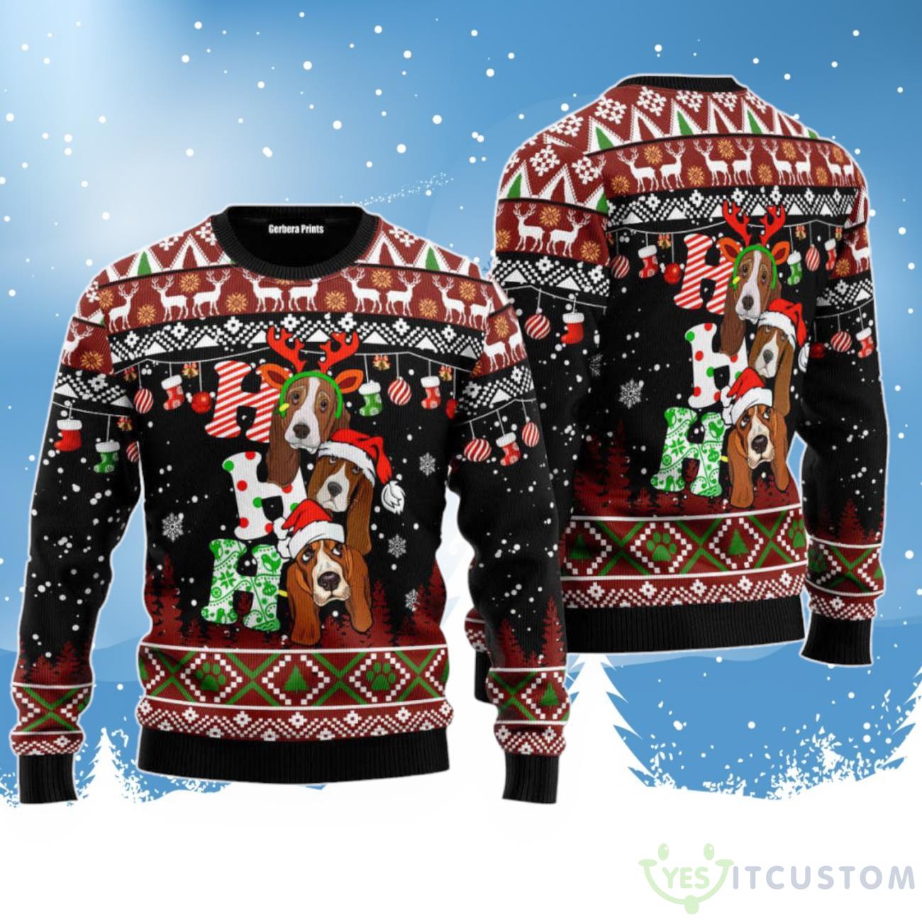 Dog Lover Basset Hound Ho Ho Ho Ugly Christmas Sweater For Men & Women 3 Dog Lover Basset Hound Ho Ho Ho Ugly Christmas Sweater For Men & Women Product Photo 1