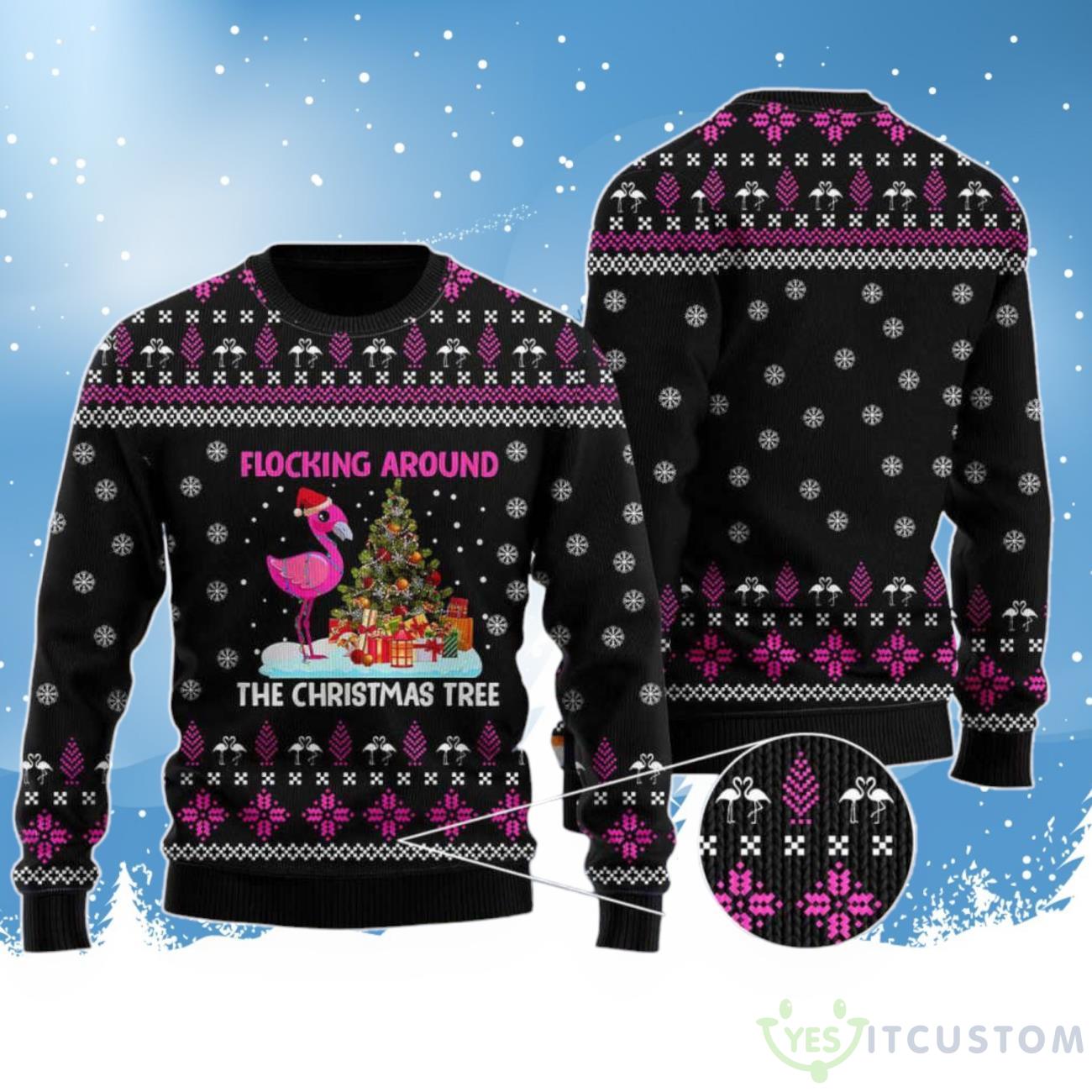 Flamingo Flocking Around The Christmas Tree Ugly Sweater 3 Flamingo Flocking Around The Christmas Tree Ugly Sweater Product Photo 1