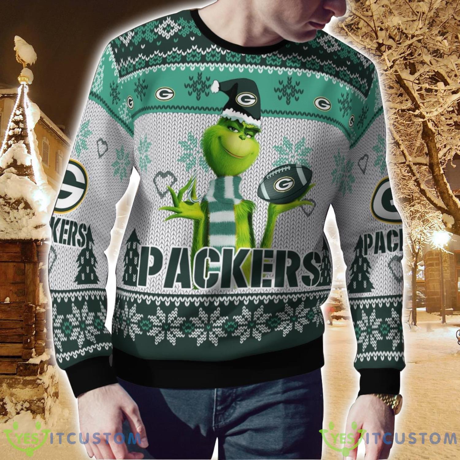 Green Bay Packers Grinch Snowflake Pattern Ugly Sweater Christmas 6 Green Bay Packers Grinch Snowflake Pattern Ugly Sweater Christmas Product Photo 2