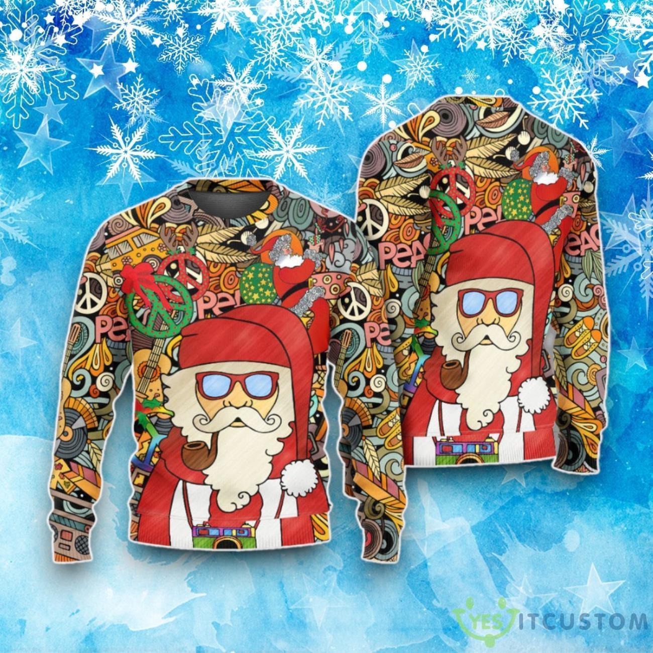 Hippie Santa Claus Love & Peace Cartoon Style Ugly Christmas Sweater 6 Hippie Santa Claus Love & Peace Cartoon Style Ugly Christmas Sweater Product Photo 2