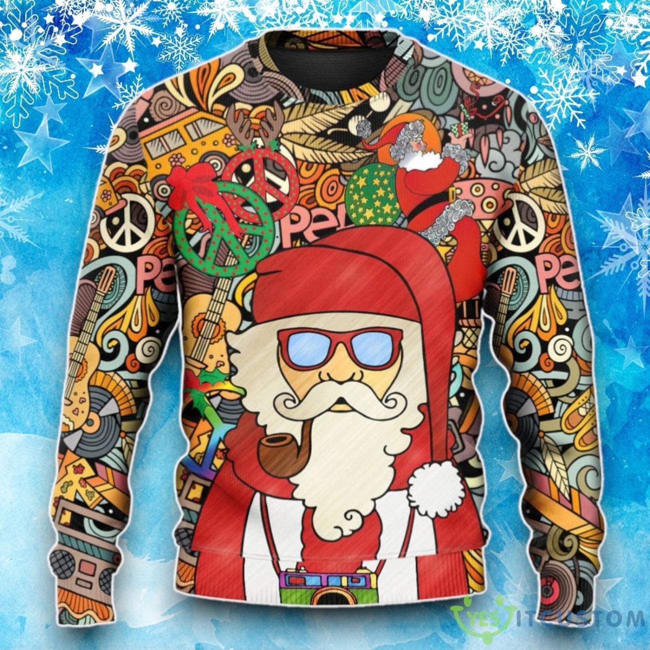 Hippie Santa Claus Love & Peace Cartoon Style Ugly Christmas Sweater 5 Hippie Santa Claus Love & Peace Cartoon Style Ugly Christmas Sweater Product Photo 1