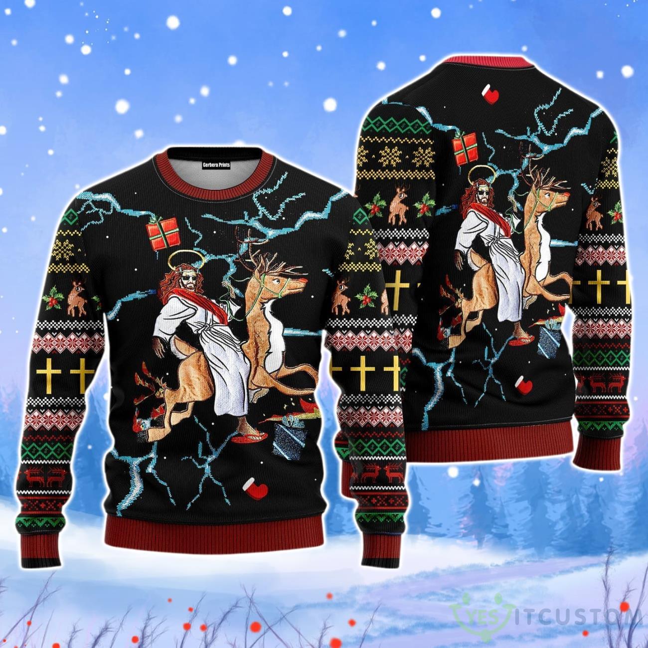 Jesus Riding Reindeer Black Christmas Unisex Ugly Sweater 3 Jesus Riding Reindeer Black Christmas Unisex Ugly Sweater Product Photo 1