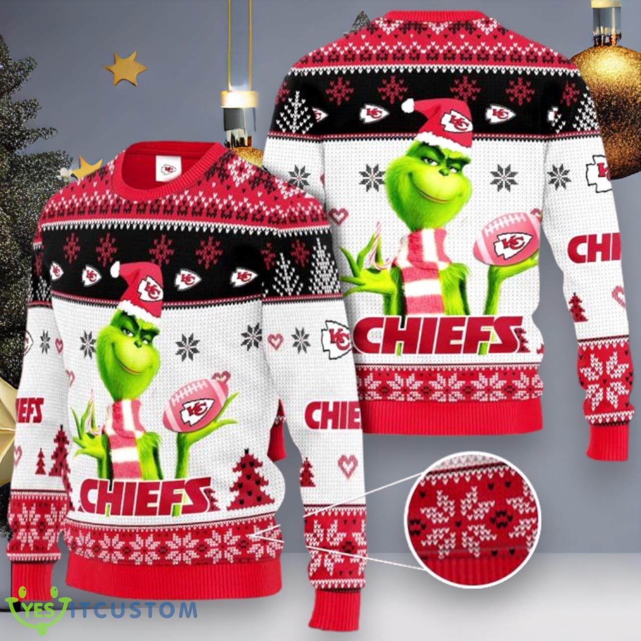 Kansas City Chiefs Grinch Knit Ugly Christmas Sweater 3 Kansas City Chiefs Grinch Knit Ugly Christmas Sweater Product Photo 1