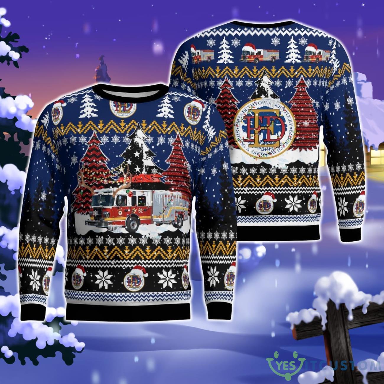 Kentucky, Elizabethtown Fire Department Fire Truck 2081 Christmas Ugly Sweater 3 Kentucky, Elizabethtown Fire Department Fire Truck 2081 Christmas Ugly Sweater Product Photo 1
