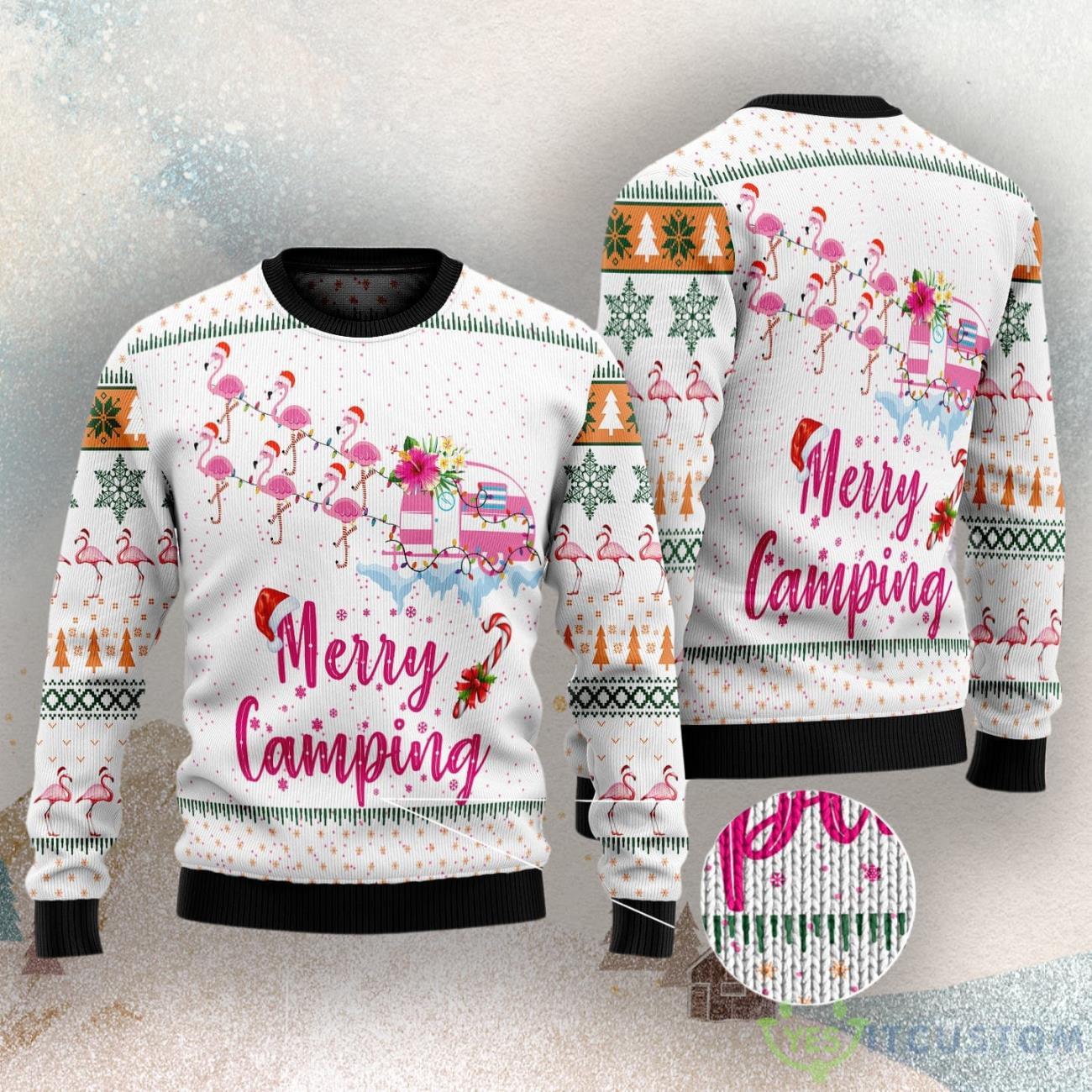 Merry Camping Flamingo Ugly Christmas Sweater 3 Merry Camping Flamingo Ugly Christmas Sweater Product Photo 1