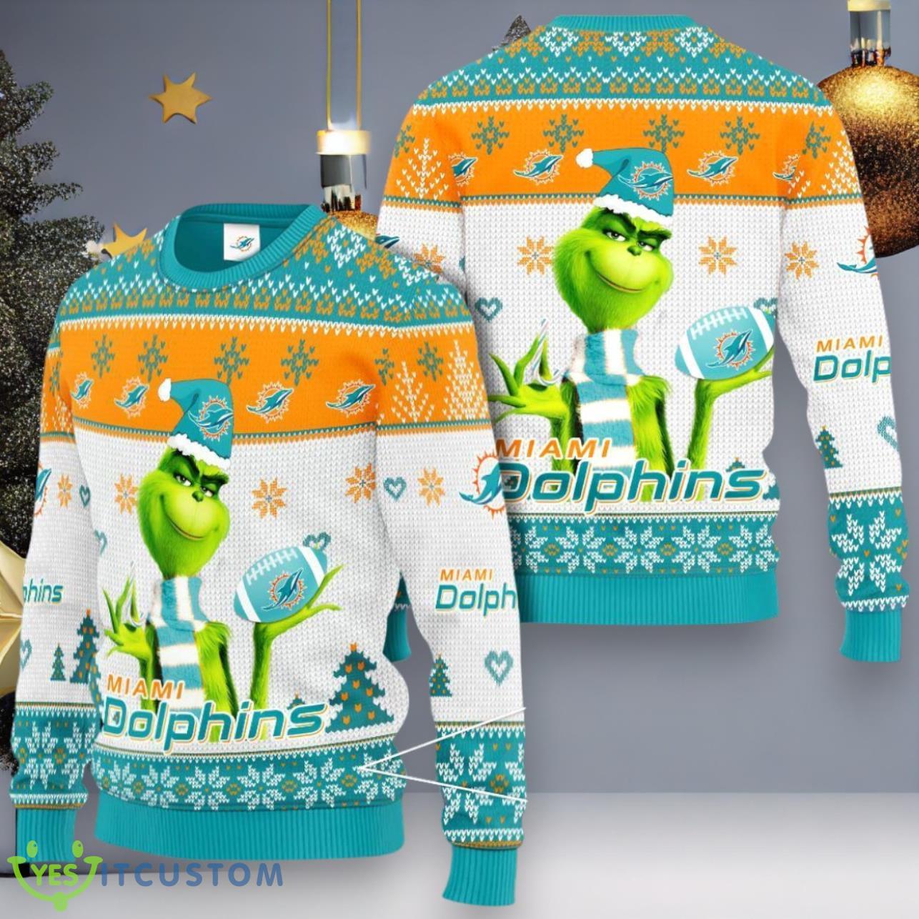 Miami Dolphins Grinch Knit Ugly Christmas Sweater 3 Miami Dolphins Grinch Knit Ugly Christmas Sweater Product Photo 1