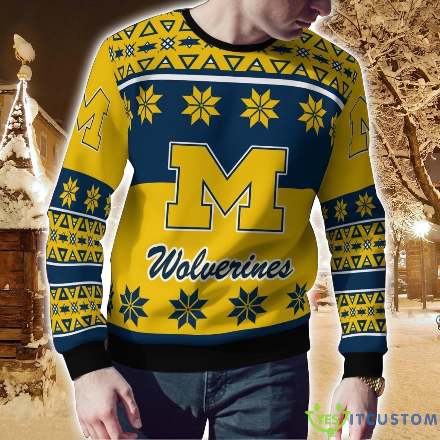 Michigan Wolverines Logo Big Snowflake Pattern Ugly Christmas Sweater 6 Michigan Wolverines Logo Big Snowflake Pattern Ugly Christmas Sweater Product Photo 2