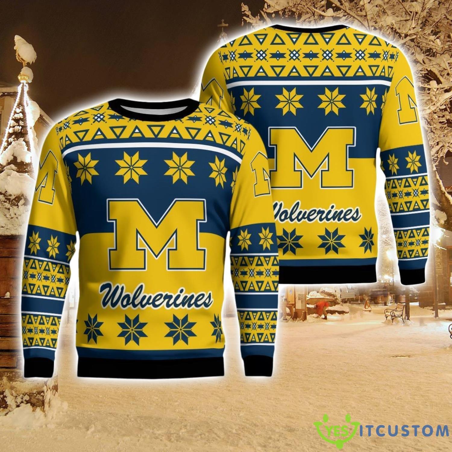 Michigan Wolverines Logo Big Snowflake Pattern Ugly Christmas Sweater 5 Michigan Wolverines Logo Big Snowflake Pattern Ugly Christmas Sweater Product Photo 1