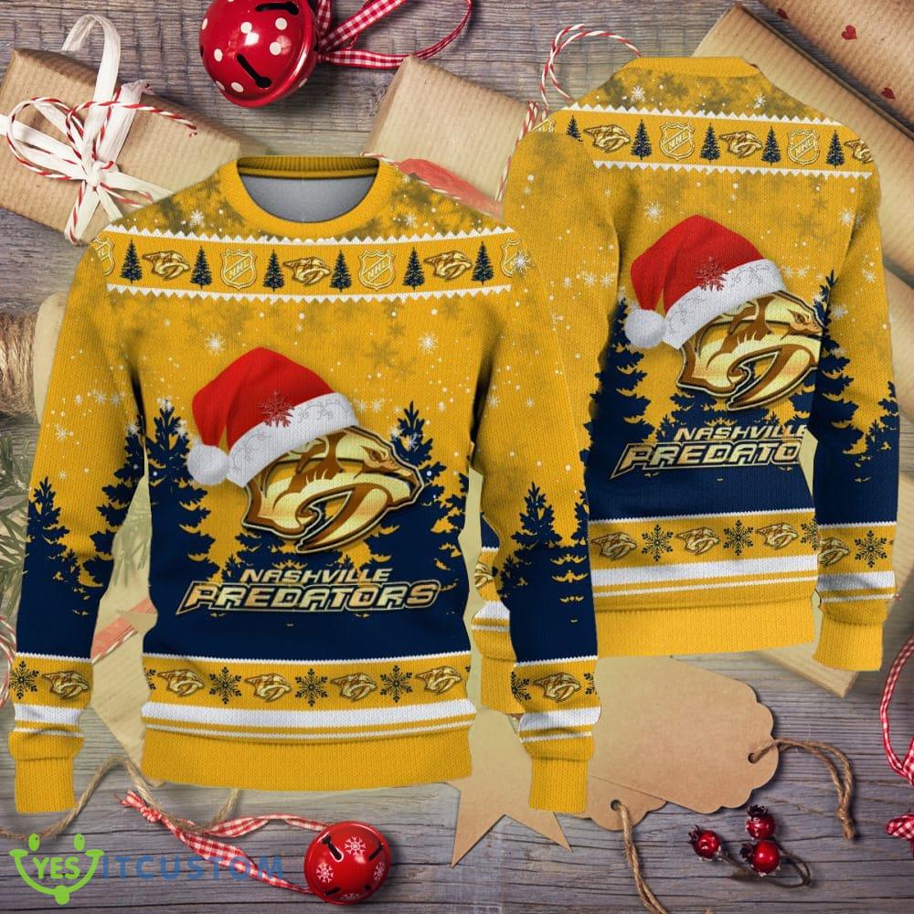 Nashville Predators Logo Golden Fans Santa Hat Tree Ugly Christmas 3D Sweater 3 Nashville Predators Logo Golden Fans Santa Hat Tree Ugly Christmas 3D Sweater - Nashville Predators Logo Golden Fans Santa Hat Tree Ugly Christmas 3D Sweater