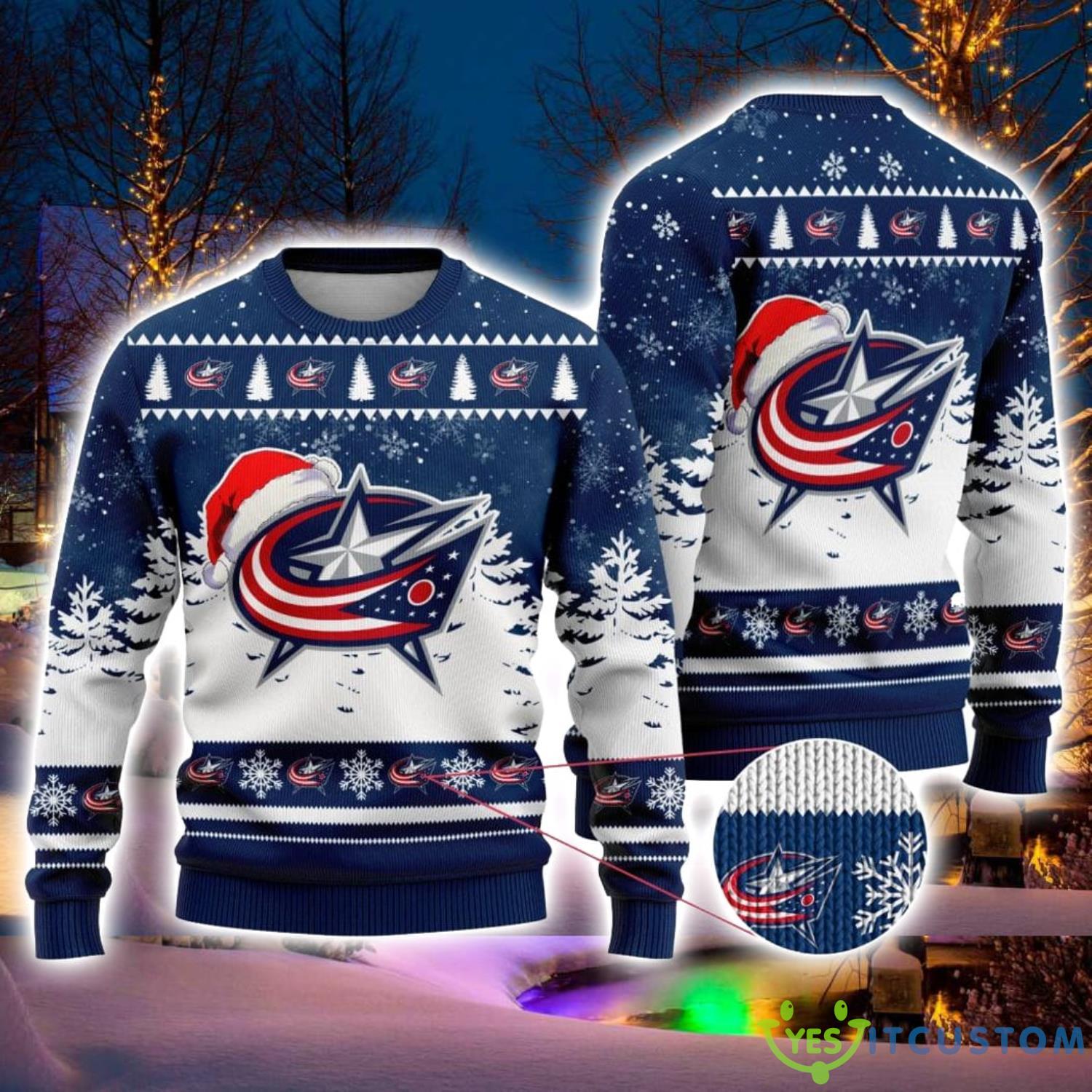 NHL Columbus Blue Jackets Logo Wearing Santa Hat Ugly Christmas Sweater For Men And Women Gift 3 NHL Columbus Blue Jackets Logo Wearing Santa Hat Ugly Christmas Sweater For Men And Women Gift Product Photo 1