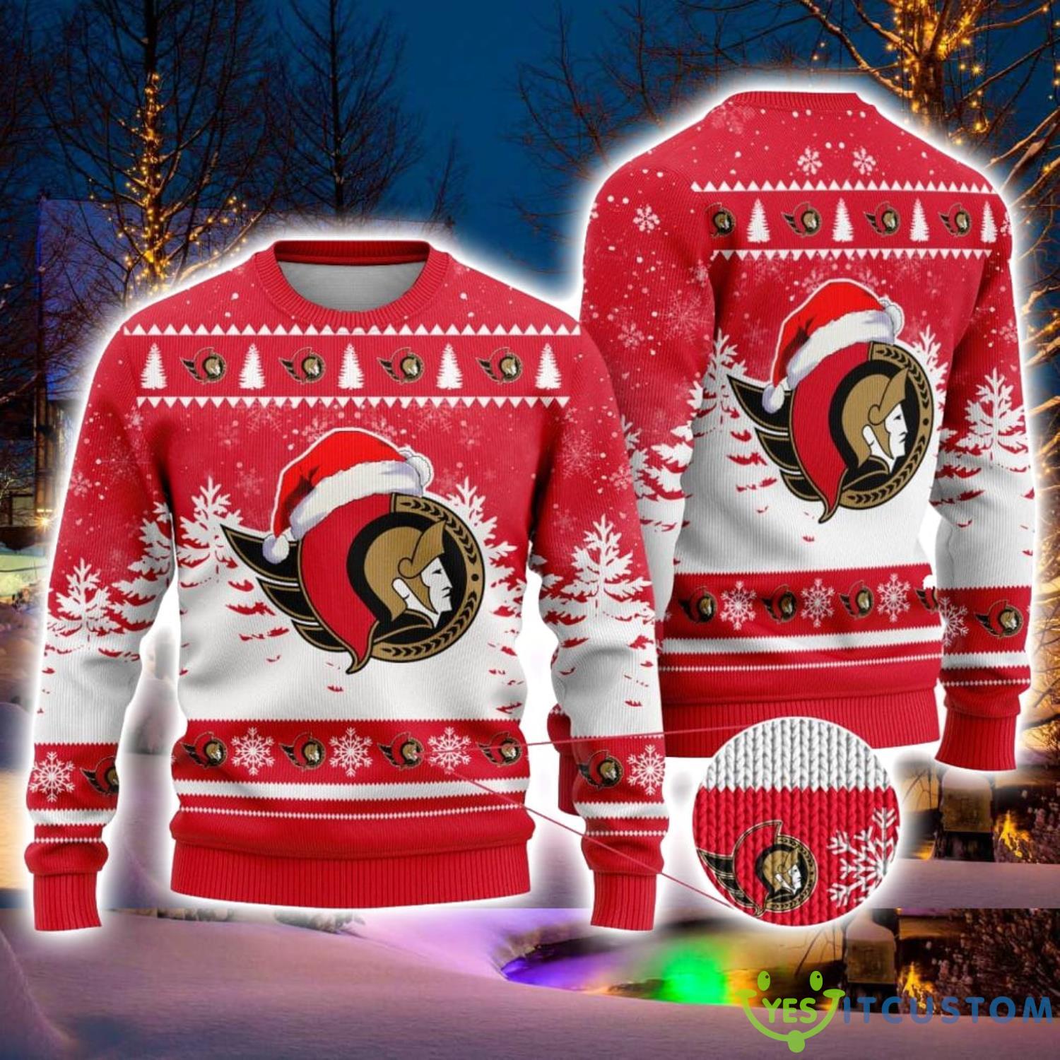NHL Ottawa Senators Logo Wearing Santa Hat Ugly Christmas Sweater For Men And Women Gift 3 NHL Ottawa Senators Logo Wearing Santa Hat Ugly Christmas Sweater For Men And Women Gift Product Photo 1
