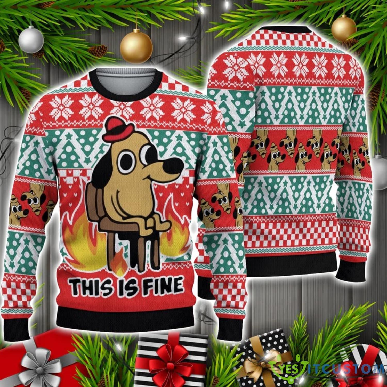This is Fine meme Ugly Sweater Christmas Holiday Gift 3 This is Fine meme Ugly Sweater Christmas Holiday Gift Product Photo 1
