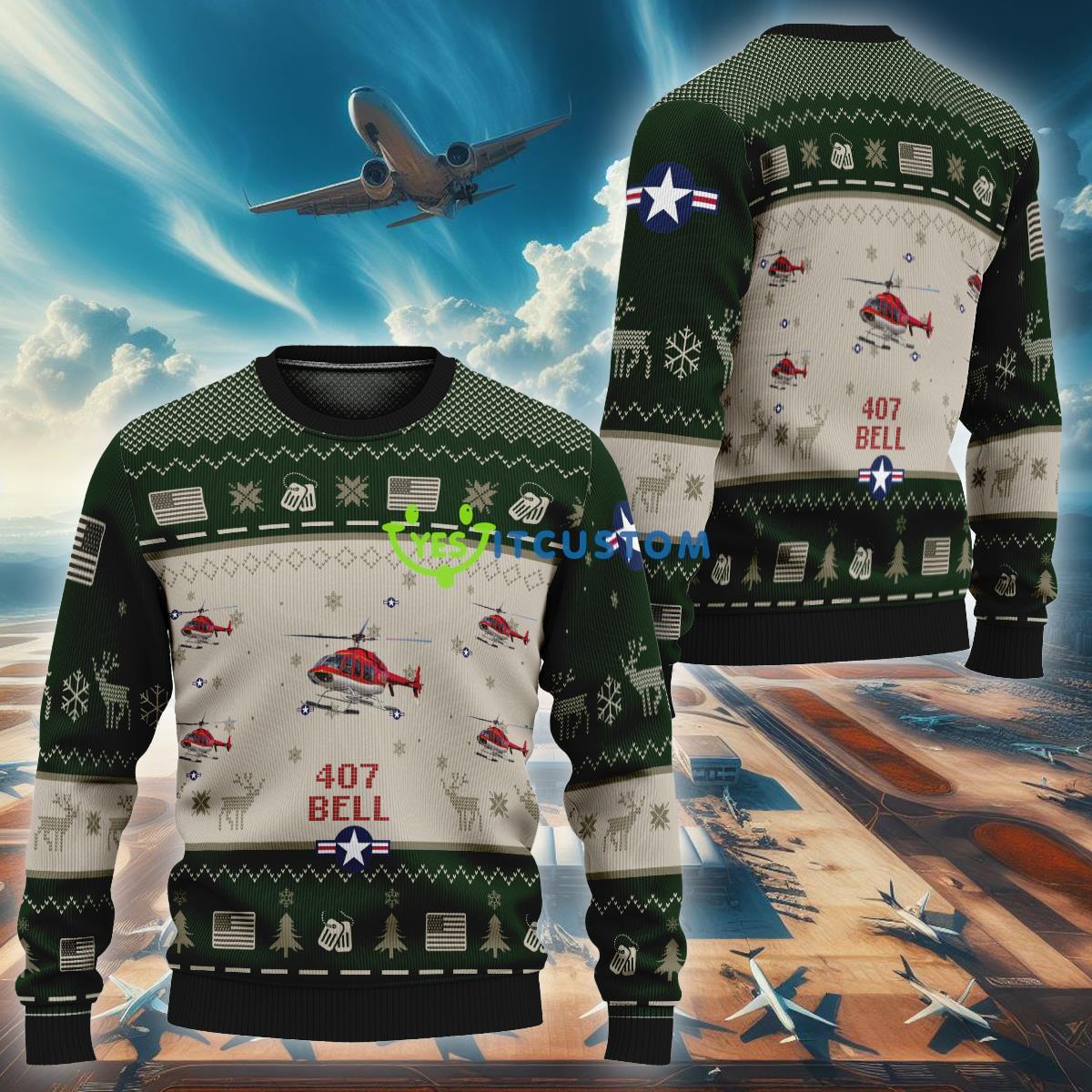Bell 407 Aircraft B407 Style Green Ugly Xmas 3D Sweater For Air Force 3 Bell 407 Aircraft B407 Style Green Ugly Xmas 3D Sweater For Air Force - Bell 407 Aircraft B407 Style Green Ugly Xmas 3D Sweater For Air Force