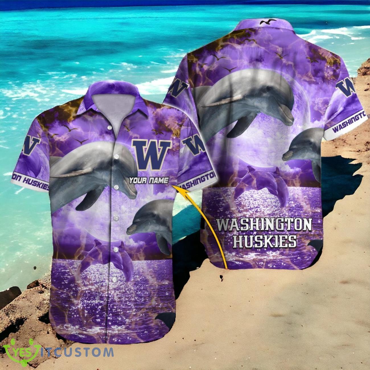 Fan Identity Washington Huskies Hawaiian Shirt with Custom Name Feature 2 Fan Identity Washington Huskies Hawaiian Shirt with Custom Name Feature Product Photo 1
