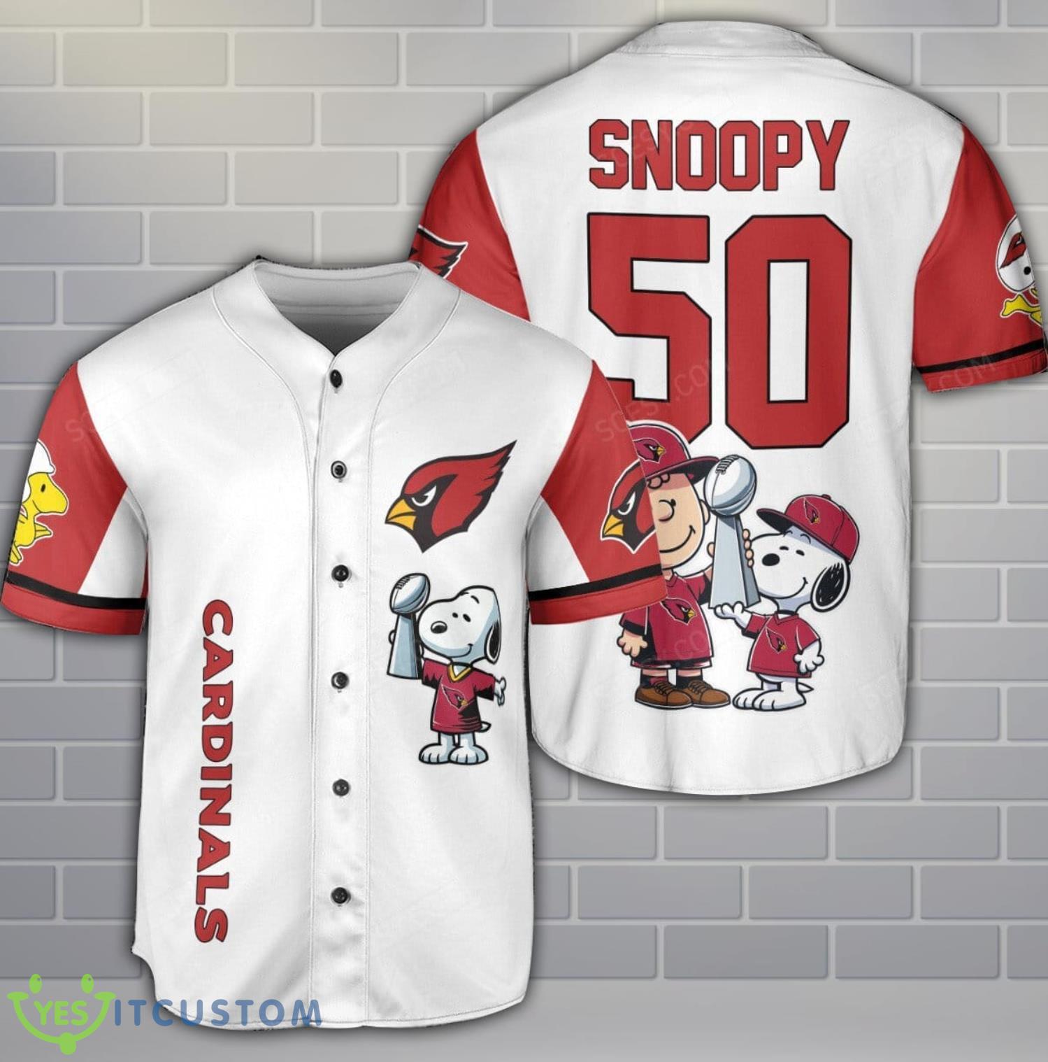 Arizona Cardinals Peanut Snoopy Champion Baseball Jersey Shirt Custom Name Number 3 Arizona Cardinals Peanut Snoopy Champion Baseball Jersey Shirt Custom Name Number Product Photo 1