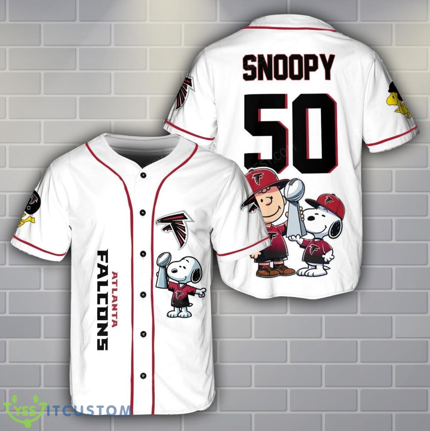 Atlanta Falcons Peanut Snoopy Champion Baseball Jersey Shirt For Fans White Shirt Custom Name Number 3 Atlanta Falcons Peanut Snoopy Champion Baseball Jersey Shirt For Fans White Shirt Custom Name Number Product Photo 1