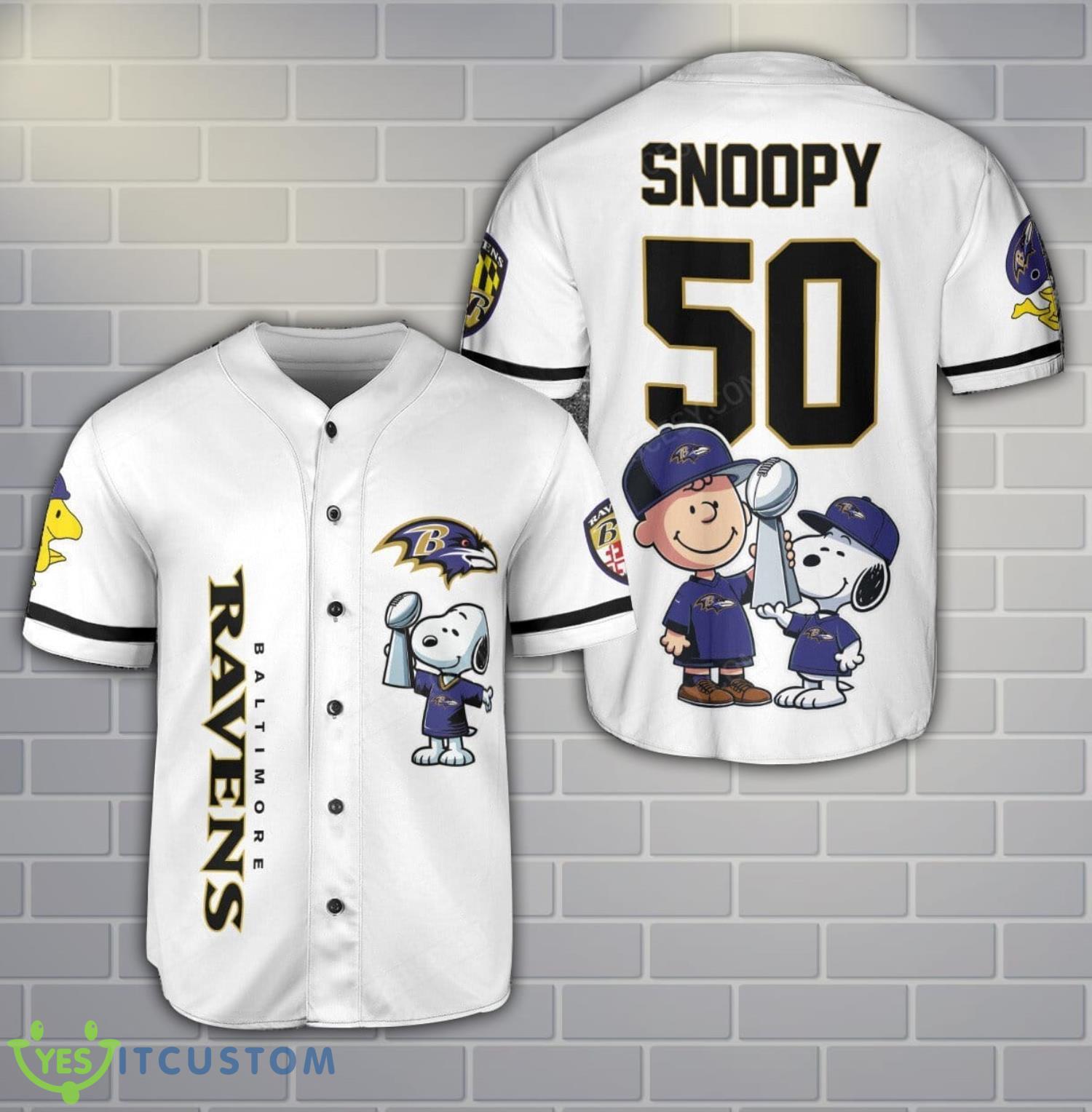 Baltimore Ravens Peanut Snoopy Champion Baseball Jersey Shirt For Fans White Shirt Custom Name Number 3 Baltimore Ravens Peanut Snoopy Champion Baseball Jersey Shirt For Fans White Shirt Custom Name Number Product Photo 1