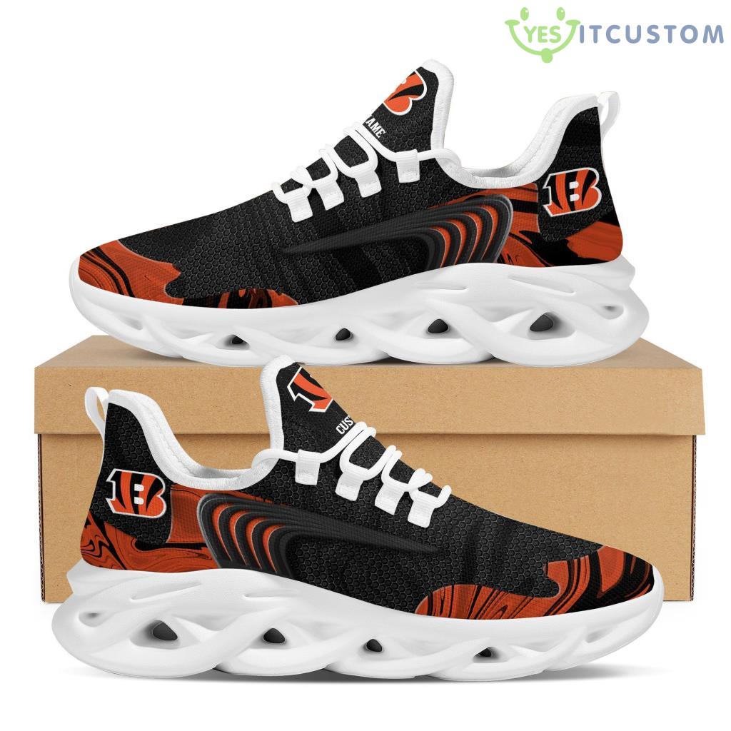 Cincinnati Bengals Logo Custom Name Pattern In Black And Orange 3D Ergonomic Design Max Soul Sneaker Shoes 3 Cincinnati Bengals Logo Custom Name Pattern In Black And Orange 3D Ergonomic Design Max Soul Sneaker Shoes Product Photo 1