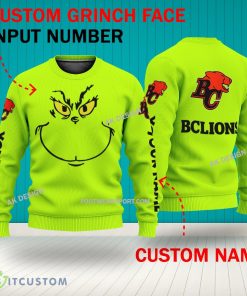 Grinch Face BC Lions 3D Hoodie, Zip Hoodie, Sweater Green AOP Custom Number And Name 8 Grinch Face BC Lions 3D Hoodie, Zip Hoodie, Sweater Green AOP Custom Number And Name - Grinch Face CFL BC Lions 3D Sweater