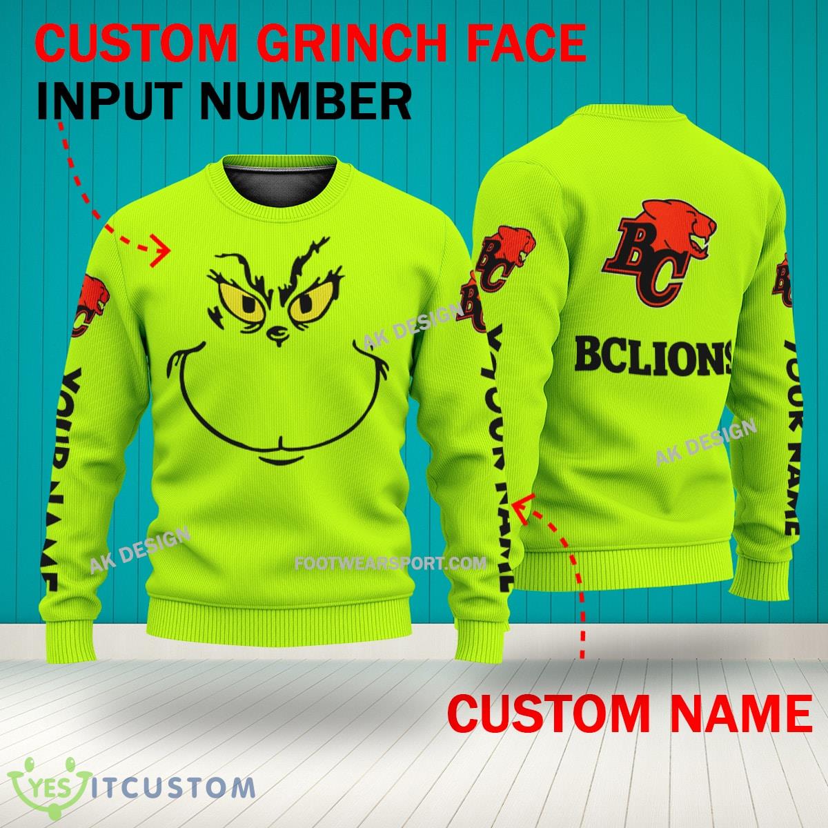 Grinch Face BC Lions 3D Hoodie, Zip Hoodie, Sweater Green AOP Custom Number And Name 3 Grinch Face BC Lions 3D Hoodie, Zip Hoodie, Sweater Green AOP Custom Number And Name - Grinch Face CFL BC Lions 3D Sweater