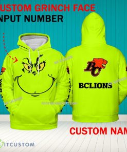 Grinch Face BC Lions 3D Hoodie, Zip Hoodie, Sweater Green AOP Custom Number And Name - Grinch Face CFL BC Lions 3D Hoodie