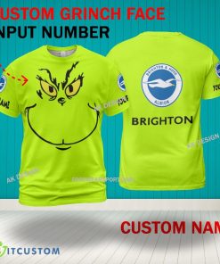 Grinch Face Brighton & Hove Albion 3D Hoodie, Zip Hoodie, Sweater Green AOP Custom Number And Name - Grinch Face EPL Brighton & Hove Albion 3D Shirt