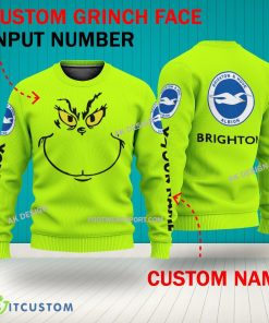 Grinch Face Brighton & Hove Albion 3D Hoodie, Zip Hoodie, Sweater Green AOP Custom Number And Name - Grinch Face EPL Brighton & Hove Albion 3D Sweater