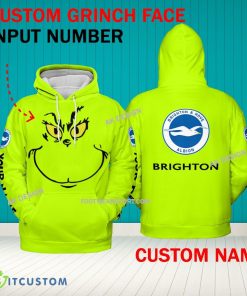Grinch Face Brighton & Hove Albion 3D Hoodie, Zip Hoodie, Sweater Green AOP Custom Number And Name - Grinch Face EPL Brighton & Hove Albion 3D Hoodie