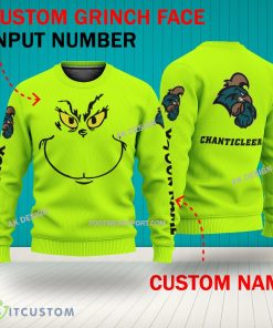 Grinch Face Coastal Carolina Chanticleers 3D Hoodie, Zip Hoodie, Sweater Green AOP Custom Number And Name - Grinch Face NCAA Coastal Carolina Chanticleers 3D Sweater