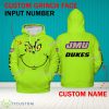 Grinch Face James Madison Dukes 3D Hoodie, Zip Hoodie, Sweater Green AOP Custom Number And Name - Grinch Face NCAA James Madison Dukes 3D Hoodie