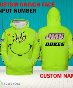 Grinch Face James Madison Dukes 3D Hoodie, Zip Hoodie, Sweater Green AOP Custom Number And Name - Grinch Face NCAA James Madison Dukes 3D Hoodie