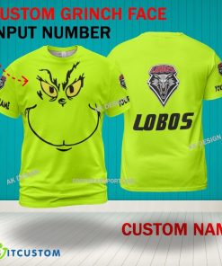 Grinch Face New Mexico Lobos 3D Hoodie, Zip Hoodie, Sweater Green AOP Custom Number And Name - Grinch Face NCAA New Mexico Lobos 3D Shirt