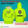 Grinch Face New Mexico Lobos 3D Hoodie, Zip Hoodie, Sweater Green AOP Custom Number And Name - Grinch Face NCAA New Mexico Lobos 3D Hoodie