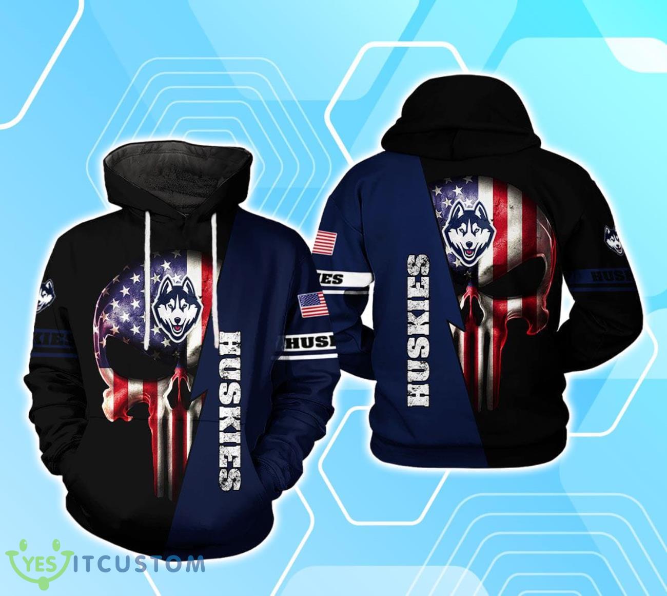 UConn Huskies NCAA US Flag Skull 3D Hoodie For Men Women 2 UConn Huskies NCAA US Flag Skull 3D Hoodie For Men Women Product Photo 1