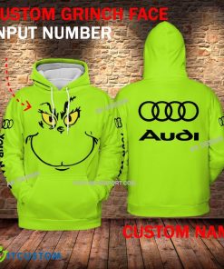 Audi Car Racing Grinch Face 3D Hoodie, Zip Hoodie Green AOP Custom Number And Name - Audi Car Racing Grinch Face 3D Hoodie