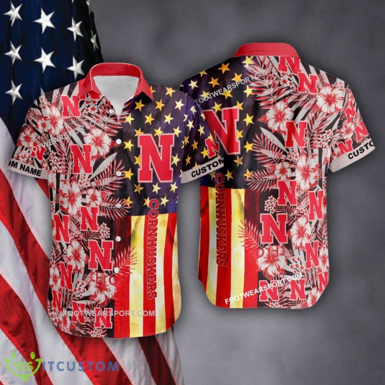 Custom Name NCAA Nebraska Cornhuskers Hawaiian Shirt Flag USA Vintage Flower AOP For Men And Women - NCAA Nebraska Cornhuskers 3D Hawaiian Shirt Flag USA Flower Style 3