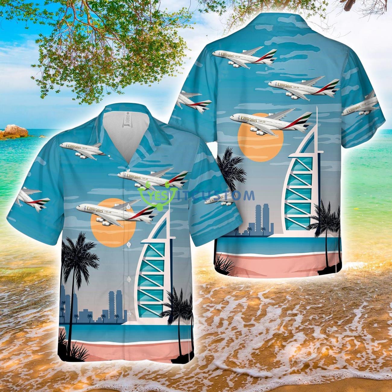 Emirates (airline) A380-800 AOP Hawaiian Shirt 2 Emirates (airline) A380-800 AOP Hawaiian Shirt Product Photo 1