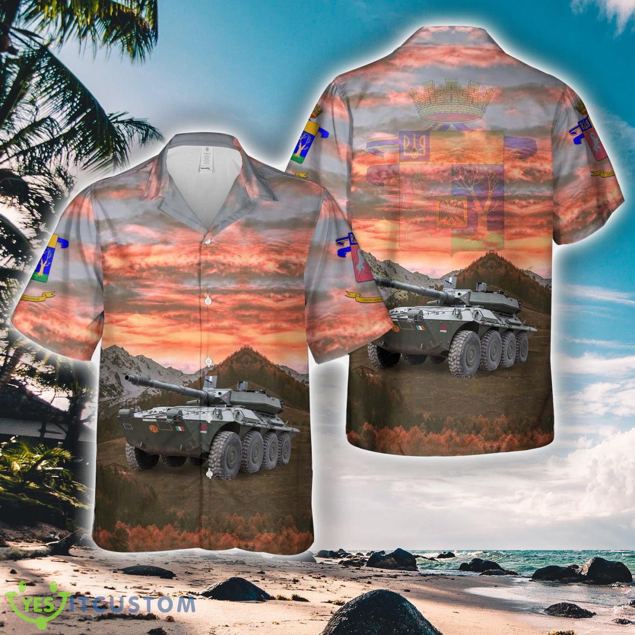 Italian Army 2nd Bridge Engineer Regiment engineers ferrying a Centauro tank destroyer of the Regiment Savoia Cavalleria (3rd) Hawaiian Shirt Men Women Beach Shirt 2 Italian Army 2nd Bridge Engineer Regiment engineers ferrying a Centauro tank destroyer of the Regiment Savoia Cavalleria (3rd) Hawaiian Shirt Men Women Beach Shirt Product Photo 1