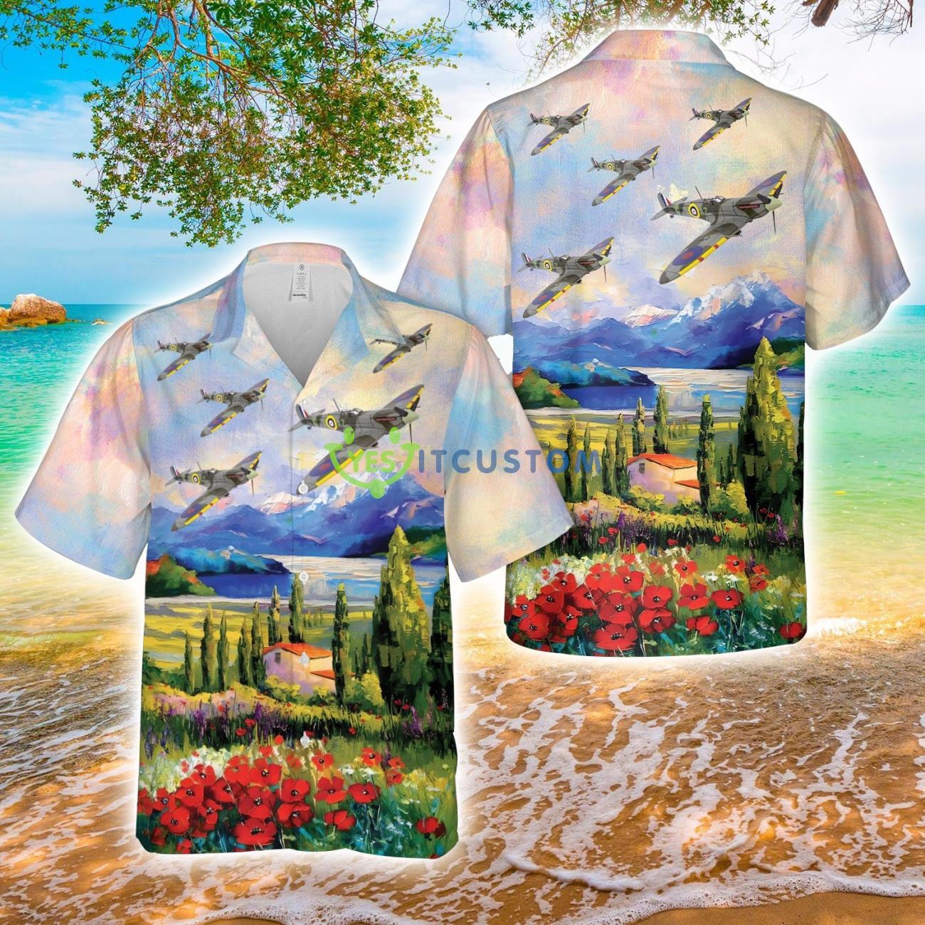 Royal Air Force Supermarine Spitfire Mk.V AOP Hawaiian Shirt 1 Royal Air Force Supermarine Spitfire Mk.V AOP Hawaiian Shirt Product Photo 1