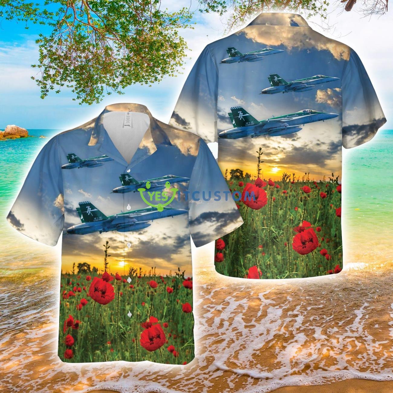 Royal Australian Air Force FA-18A Hornet A21-39 No. 77 Squadron ANZAC Day Red Poppy AOP Hawaiian Shirt 2 Royal Australian Air Force FA-18A Hornet A21-39 No. 77 Squadron ANZAC Day Red Poppy AOP Hawaiian Shirt Product Photo 1