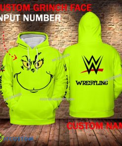 WWE Wrestling Line Grinch Face 3D Hoodie, Sweater Green Brand Full Print Custom Number And Name - Brand WWE Wrestling Line Grinch Face 3D Hoodie