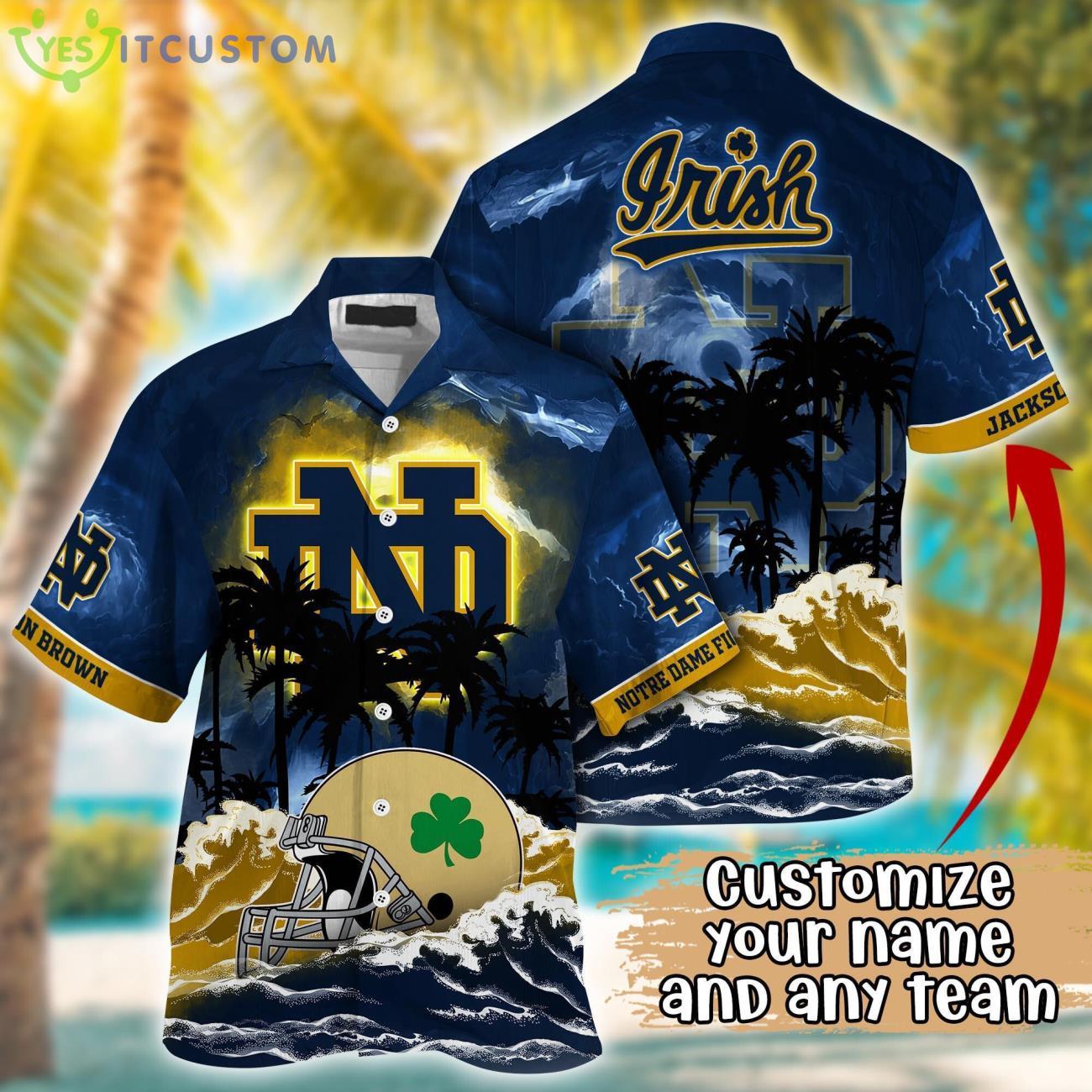 Notre Dame Fighting Irish NCAA Team Logo Custom Name 3D Hawaiian Shirt Gift Ideas 2 Notre Dame Fighting Irish NCAA Team Logo Custom Name 3D Hawaiian Shirt Gift Ideas Product Photo 1