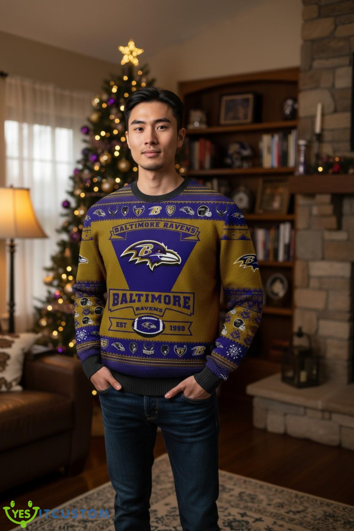 Baltimore Ravens Football Team Logo Custom Name Sport Team Gift Ugly Christmas Sweater 1 Baltimore Ravens Football Team Logo Custom Name Sport Team Gift Ugly Christmas Sweater Product Photo 1