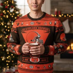 Cleveland Browns Football Team Logo Custom Name Sport Team Gift Ugly Christmas Sweater Product Photo 1
