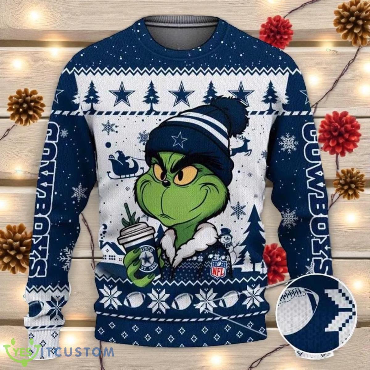 Dallas Cowboys The Grinch Drink Coffee Ugly Christmas Sweater NFL Fans Sport Christmas Sweater 2 Dallas Cowboys The Grinch Drink Coffee Ugly Christmas Sweater NFL Fans Sport Christmas Sweater Product Photo 1