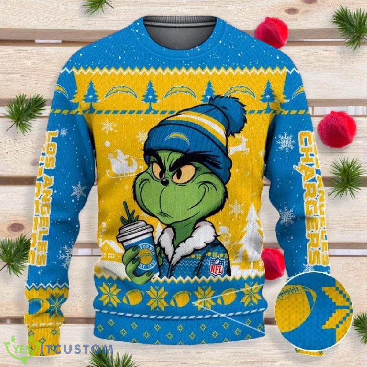 Los Angeles Chargers The Grinch Drink Coffee Ugly Christmas Sweater NFL Fans Sport Christmas Sweater 2 Los Angeles Chargers The Grinch Drink Coffee Ugly Christmas Sweater NFL Fans Sport Christmas Sweater Product Photo 1