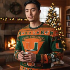 Miami Hurricanes Football Team Logo Custom Name Sport Team Gift Ugly Christmas Sweater Product Photo 2