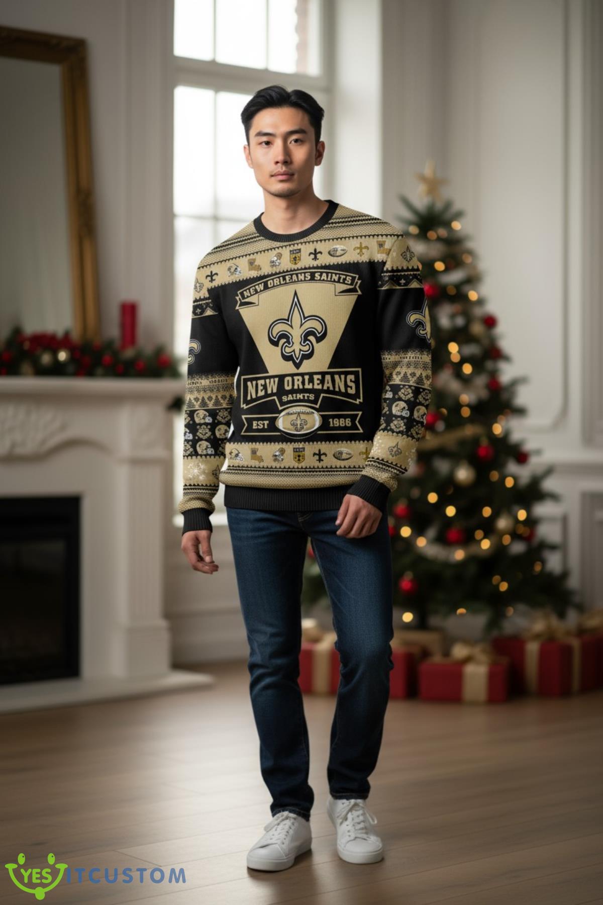 New Orleans Saints Football Team Logo Custom Name Sport Team Gift Ugly Christmas Sweater 2 New Orleans Saints Football Team Logo Custom Name Sport Team Gift Ugly Christmas Sweater Product Photo 2